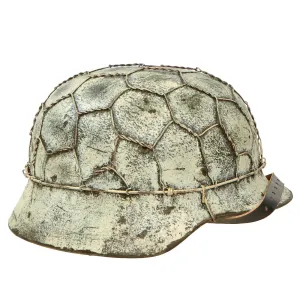Original German WWII M40 Refurbished Chicken Wire Half Basket Winter Normandy Camouflage SS Helmet - Stamped EF66