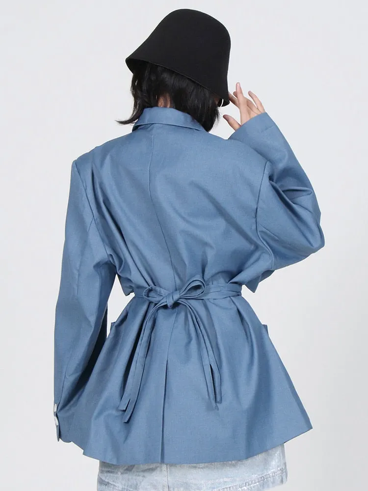 Patchwork Pockets Solid Jackets For Women Notched Collar Long Sleeve Blue Blazers Female Spring Fashion Clothes