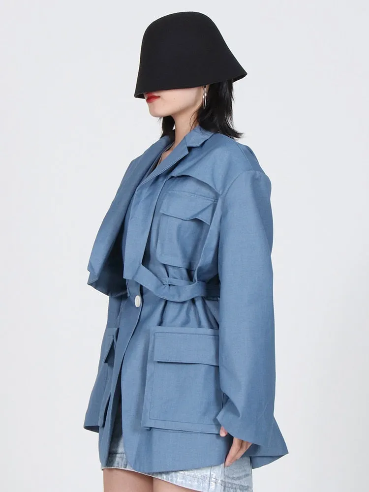 Patchwork Pockets Solid Jackets For Women Notched Collar Long Sleeve Blue Blazers Female Spring Fashion Clothes