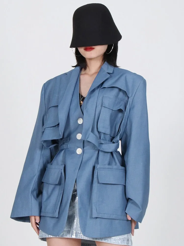 Patchwork Pockets Solid Jackets For Women Notched Collar Long Sleeve Blue Blazers Female Spring Fashion Clothes