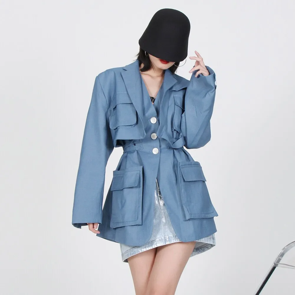 Patchwork Pockets Solid Jackets For Women Notched Collar Long Sleeve Blue Blazers Female Spring Fashion Clothes