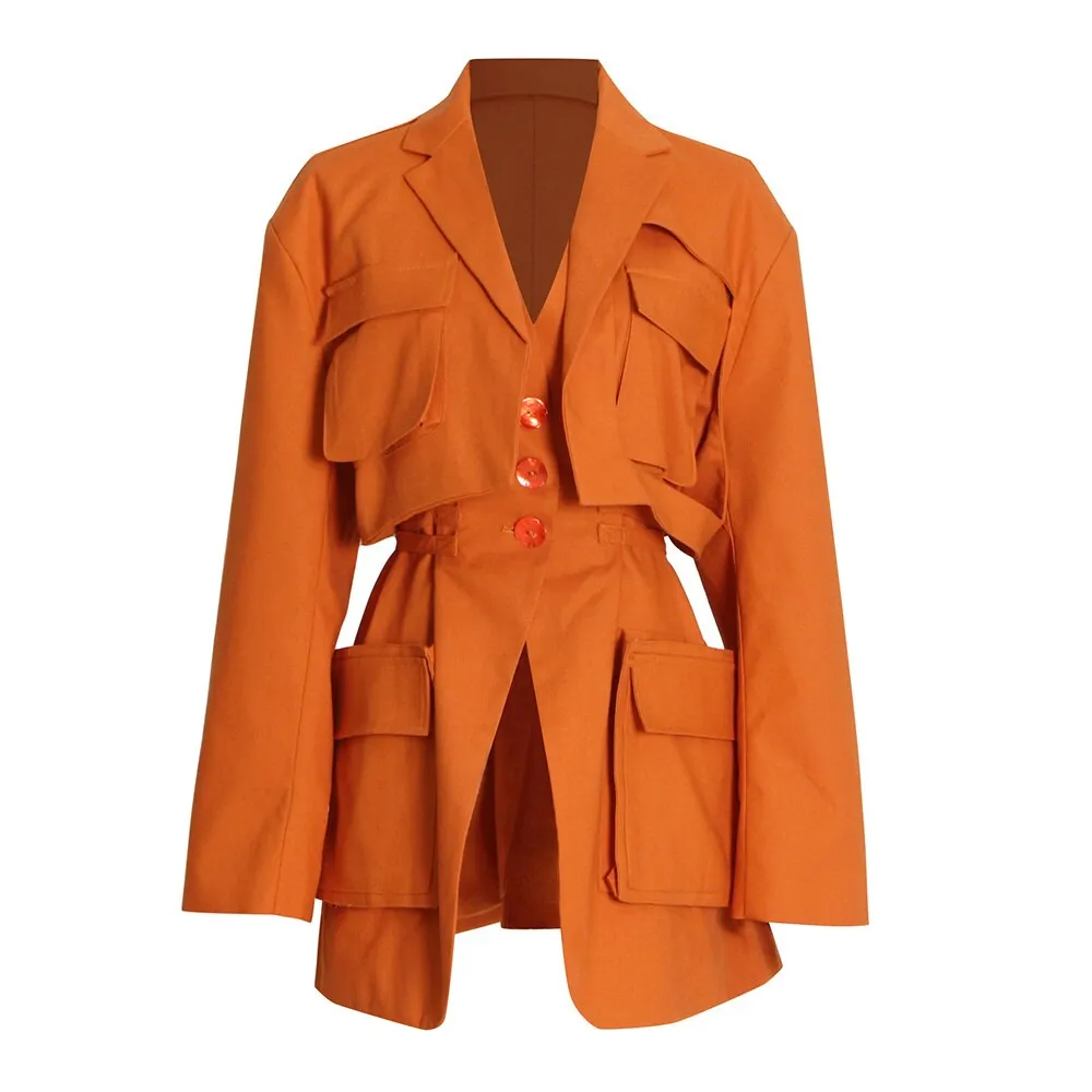 Patchwork Pockets Solid Jackets For Women Notched Collar Long Sleeve Blue Blazers Female Spring Fashion Clothes