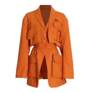 Patchwork Pockets Solid Jackets For Women Notched Collar Long Sleeve Blue Blazers Female Spring Fashion Clothes