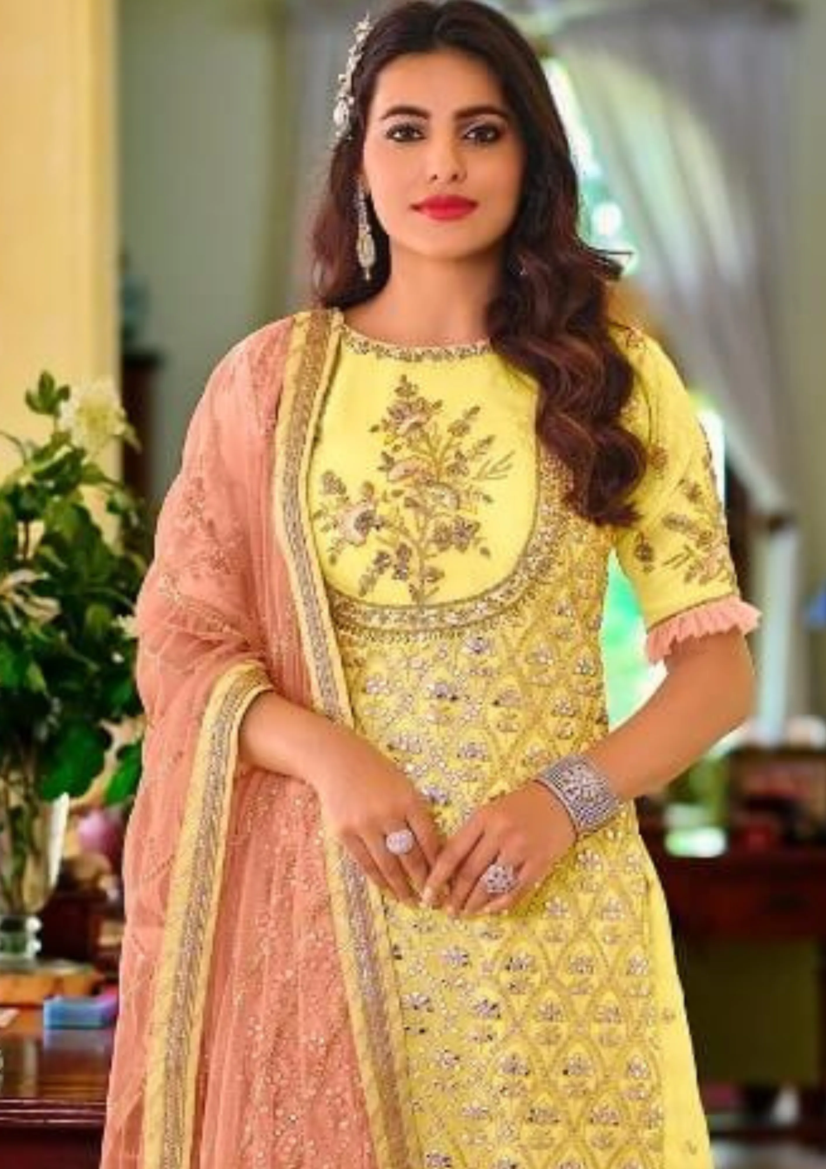 Pretty Yellow Color Fancy Embroidery Work With Faux Georgette Palazzo Suits With Dupatta