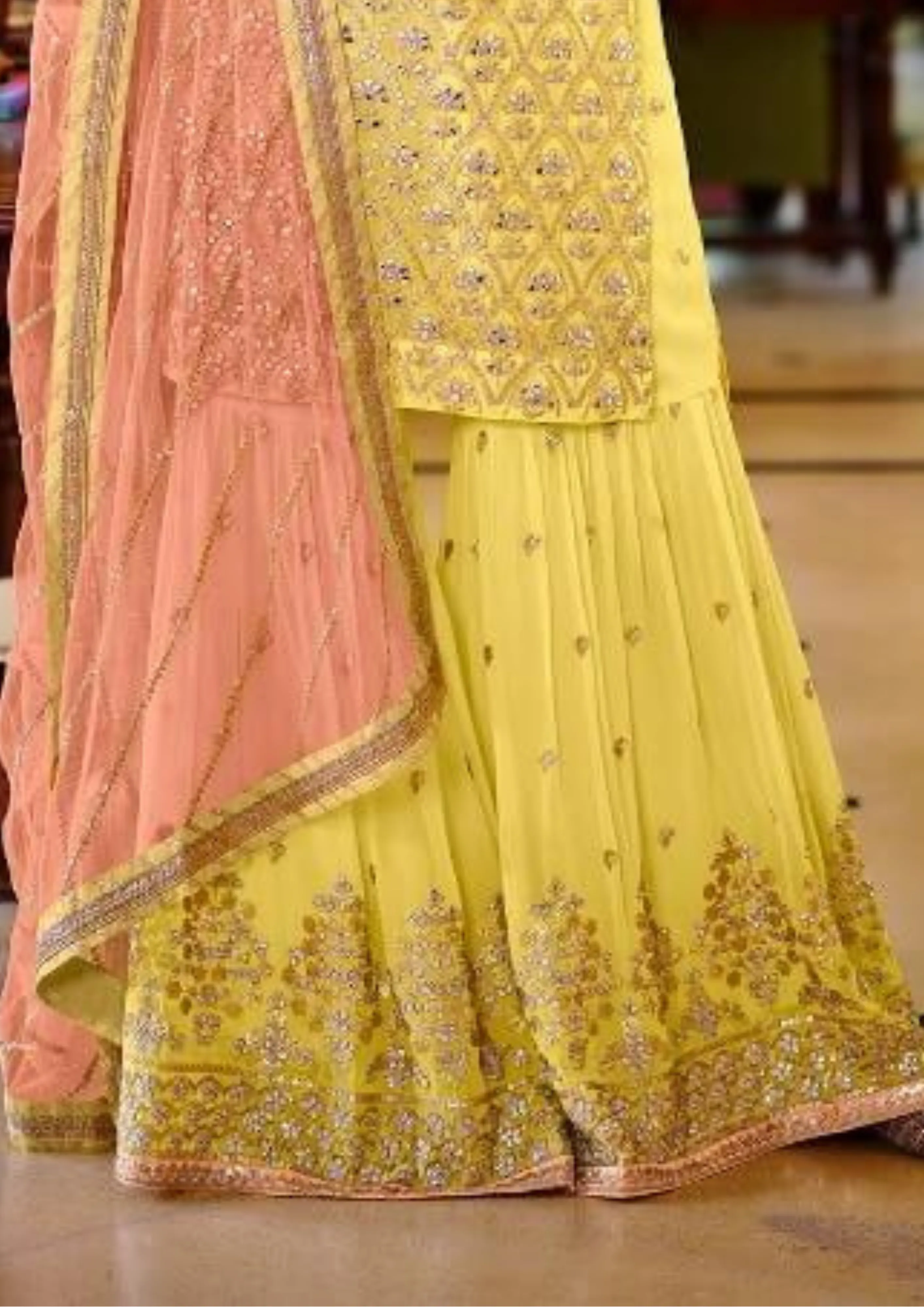 Pretty Yellow Color Fancy Embroidery Work With Faux Georgette Palazzo Suits With Dupatta