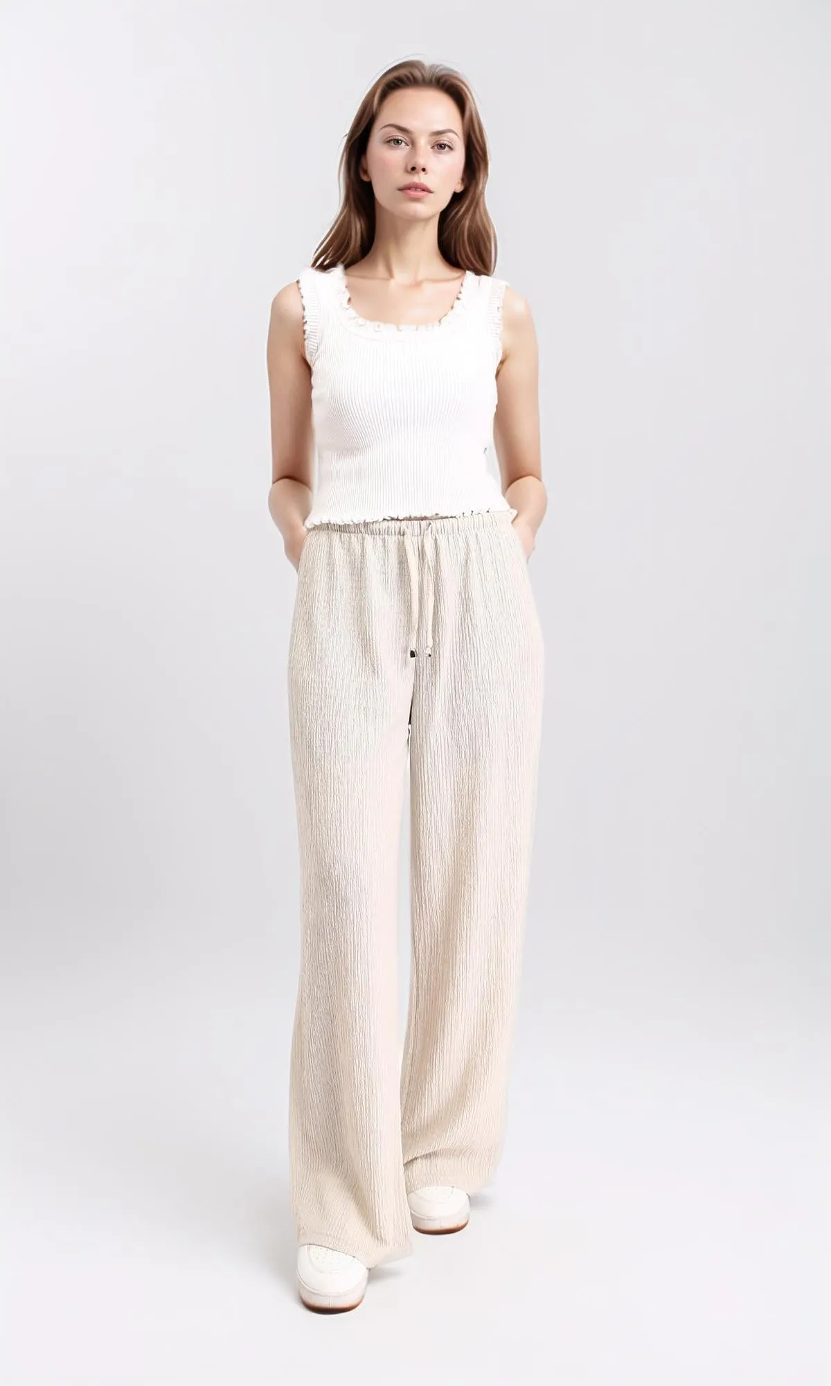 R210602 - Elastic Waist with Drawstring Comfy Pants - Beige