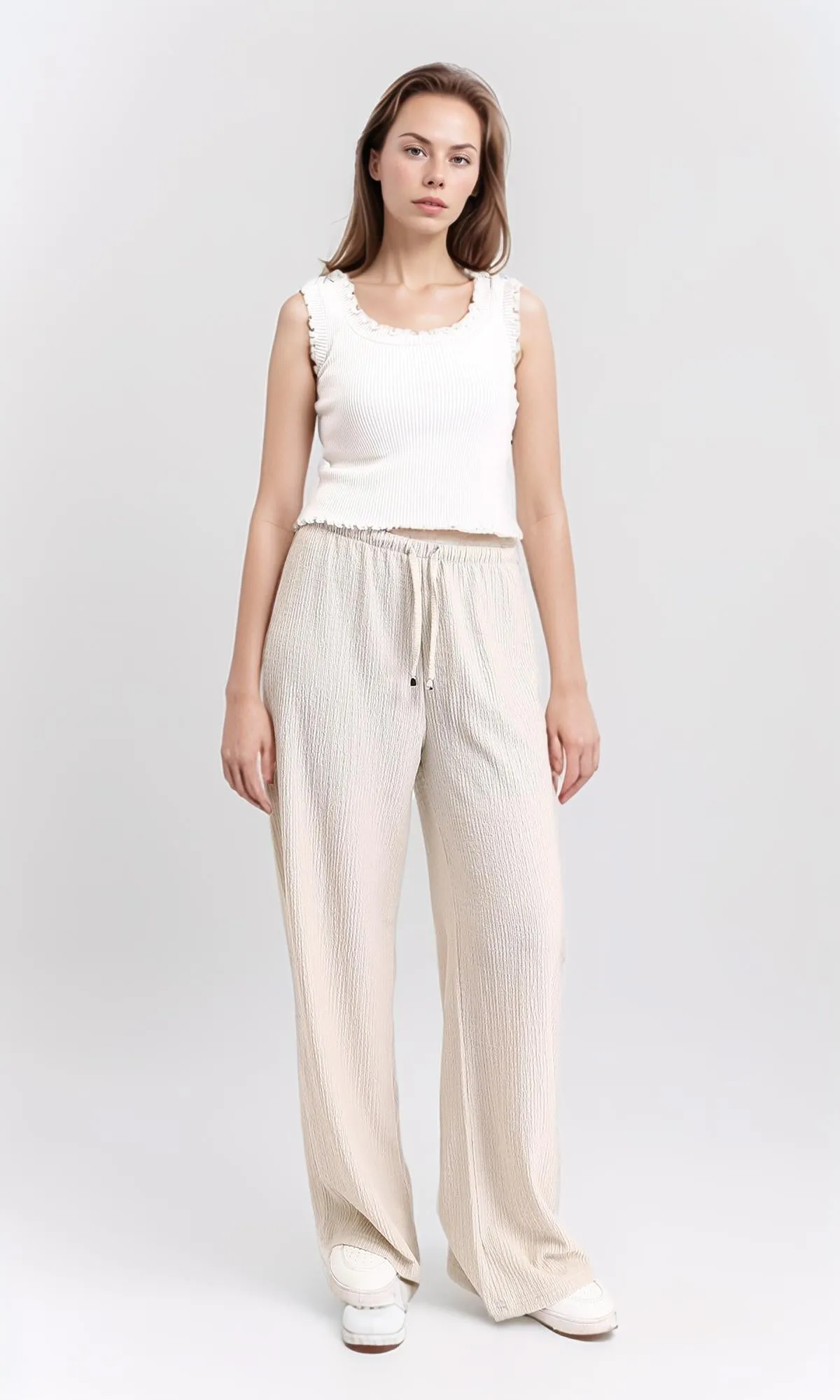 R210602 - Elastic Waist with Drawstring Comfy Pants - Beige