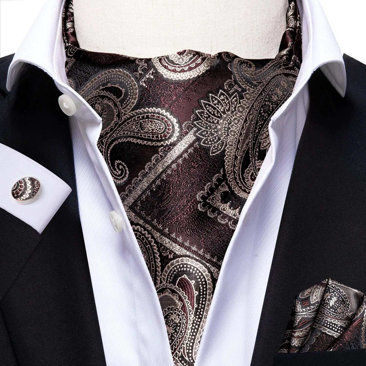 Red Brown Paisley Ascot Pocket Square Cufflinks Set