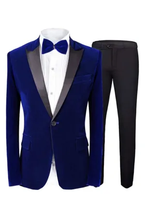 Royal Blue Peaked Lapel Two Pieces Velvet Prom Suits