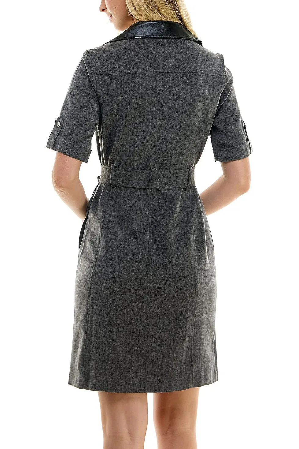 Sharagano notched collar short roll tab sleeve button closure belted matte jersey dress