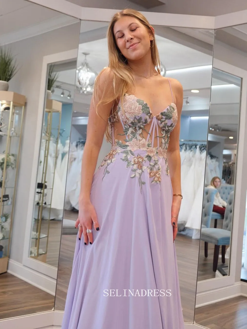 Spaghetti Straps A-line Embroidery Floral Lilac Long Prom Dress sew1018