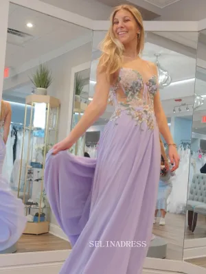 Spaghetti Straps A-line Embroidery Floral Lilac Long Prom Dress sew1018