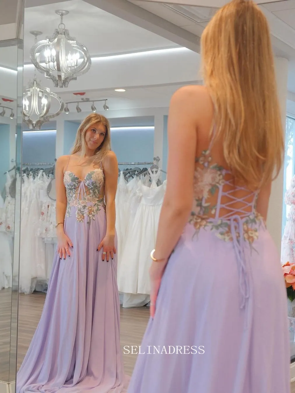 Spaghetti Straps A-line Embroidery Floral Lilac Long Prom Dress sew1018