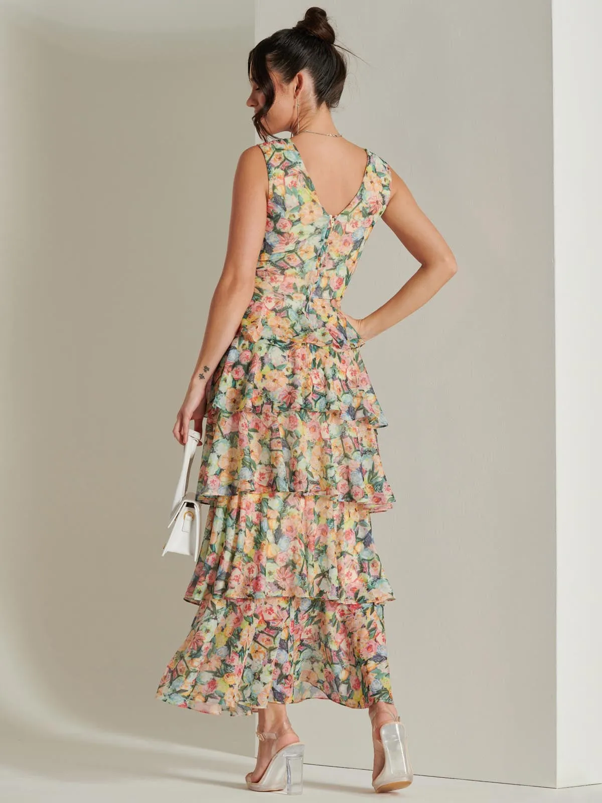 Tiered Hem Mesh Maxi Dress, Yellow Multi