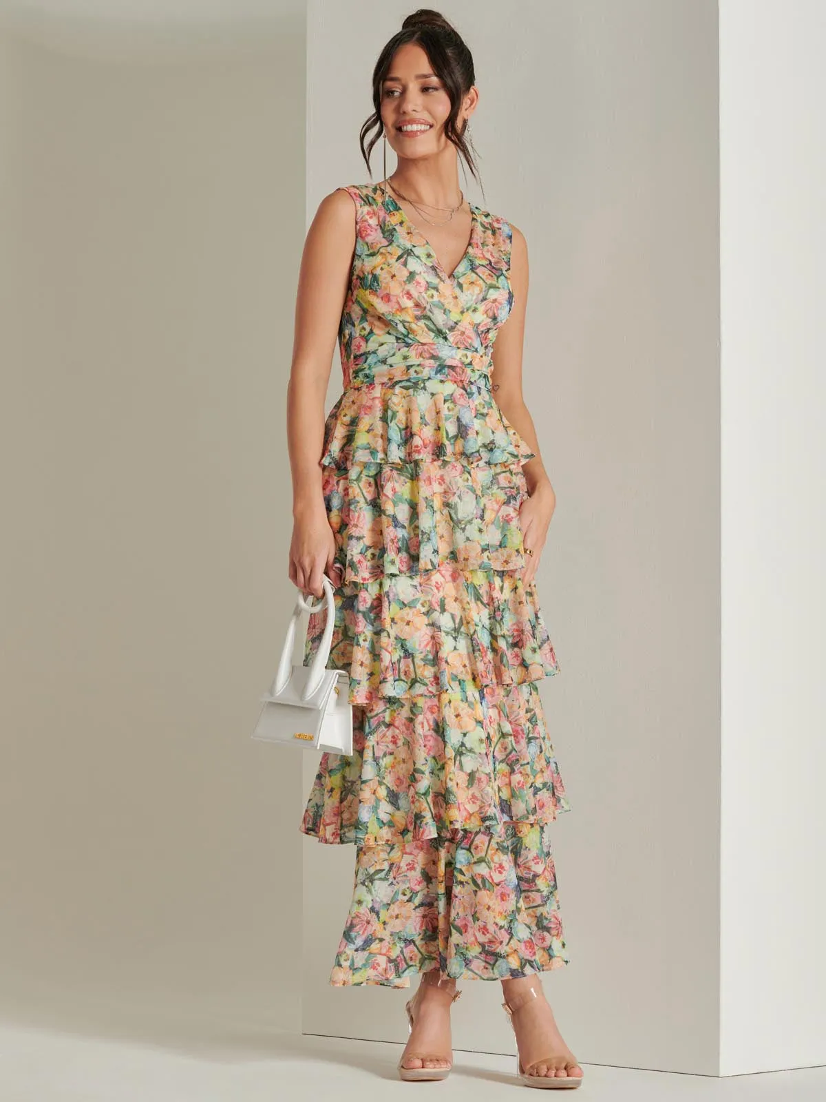 Tiered Hem Mesh Maxi Dress, Yellow Multi