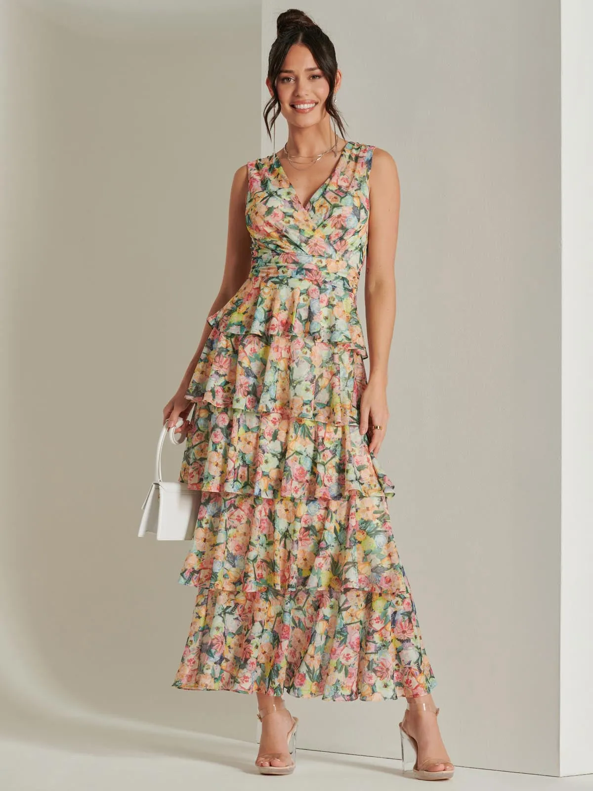 Tiered Hem Mesh Maxi Dress, Yellow Multi