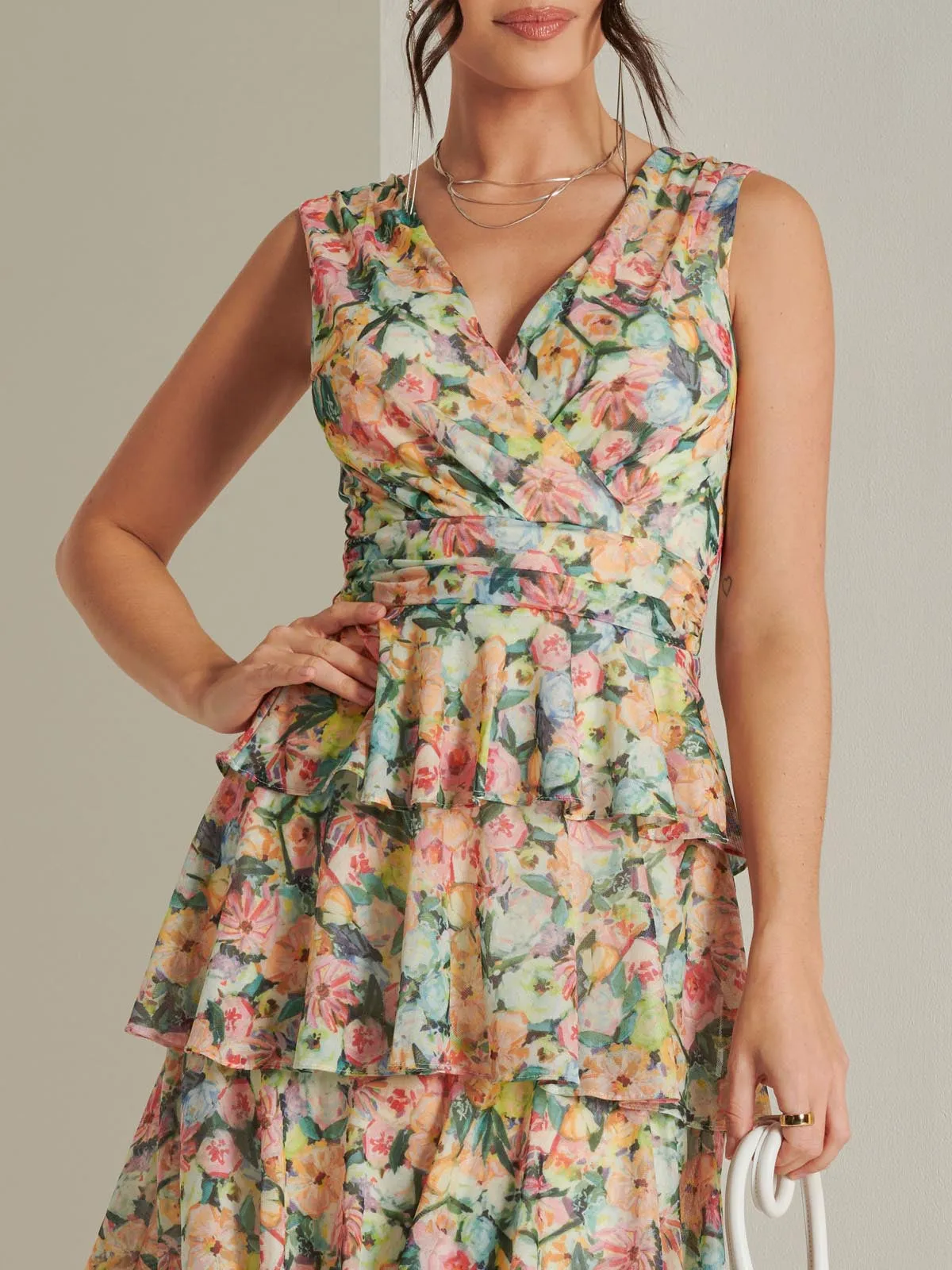 Tiered Hem Mesh Maxi Dress, Yellow Multi