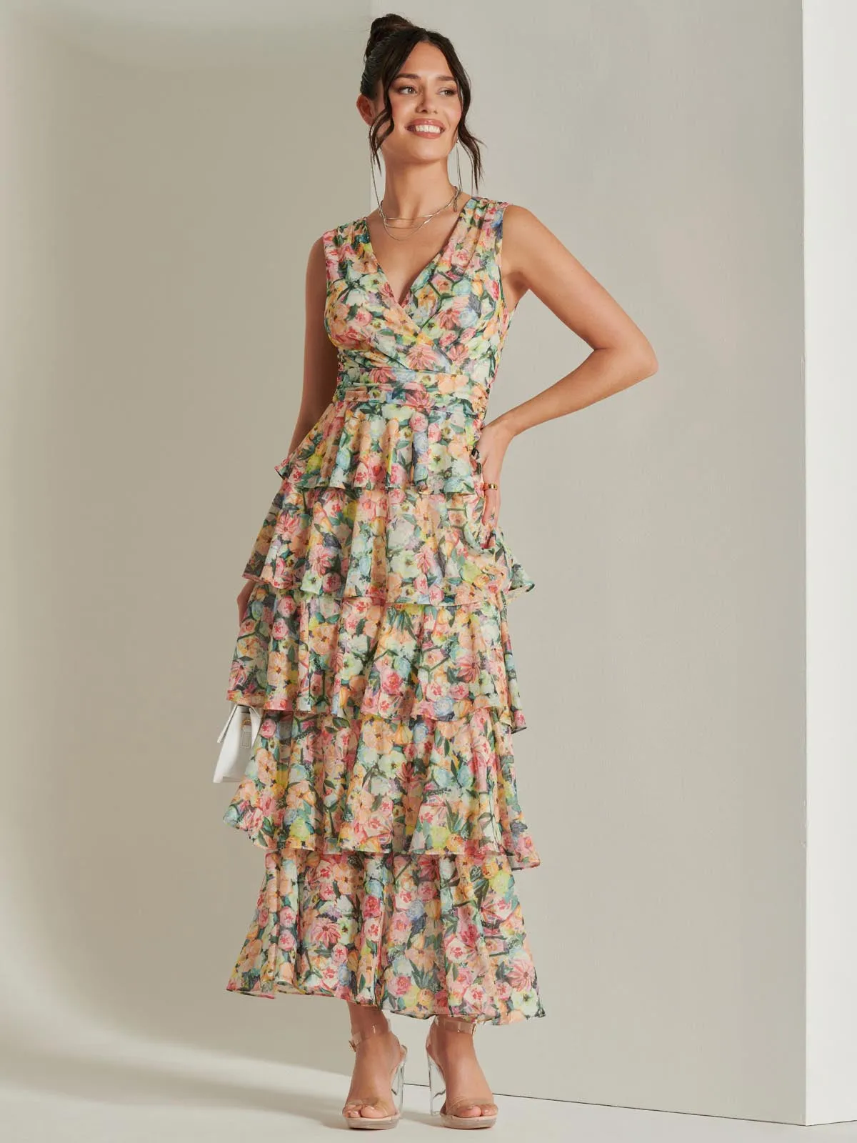 Tiered Hem Mesh Maxi Dress, Yellow Multi