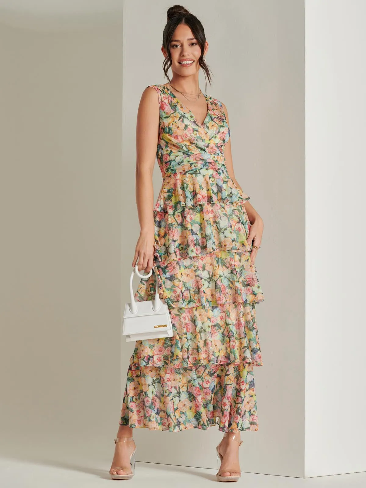 Tiered Hem Mesh Maxi Dress, Yellow Multi