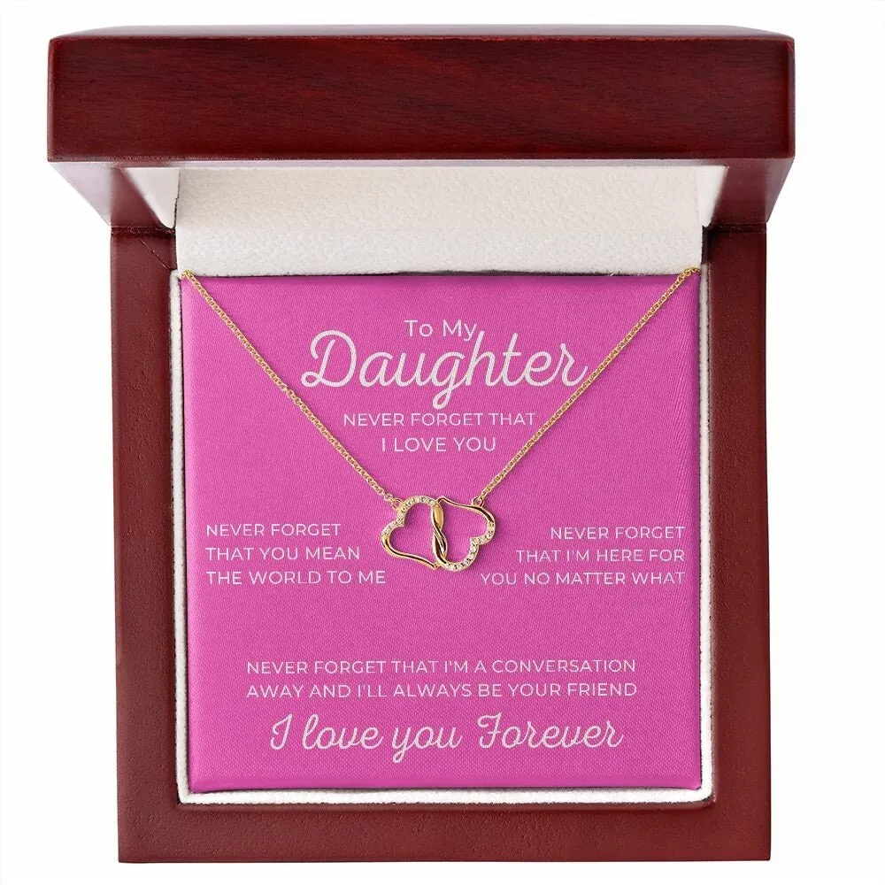 To My Daughter Pink Card with Diamond and Gold Double Heart Everlasting Love Necklace