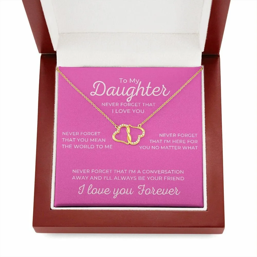 To My Daughter Pink Card with Diamond and Gold Double Heart Everlasting Love Necklace
