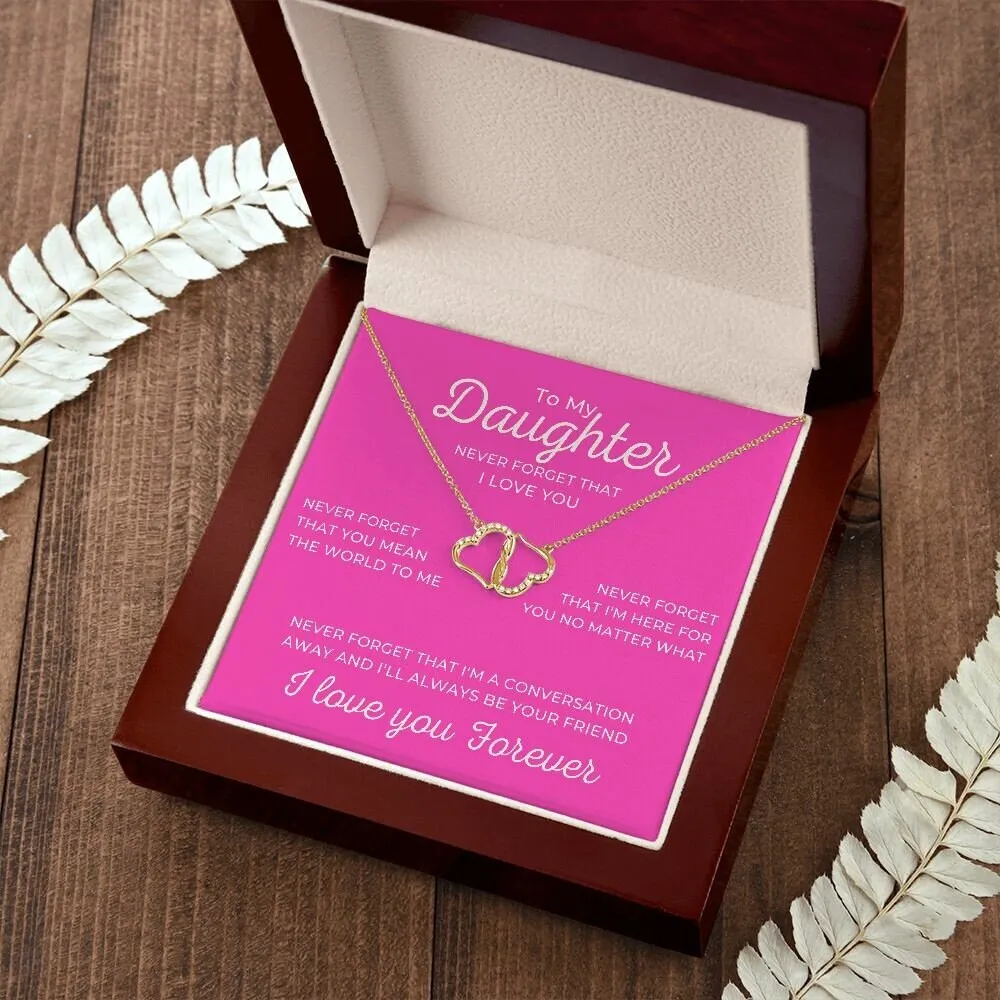 To My Daughter Pink Card with Diamond and Gold Double Heart Everlasting Love Necklace