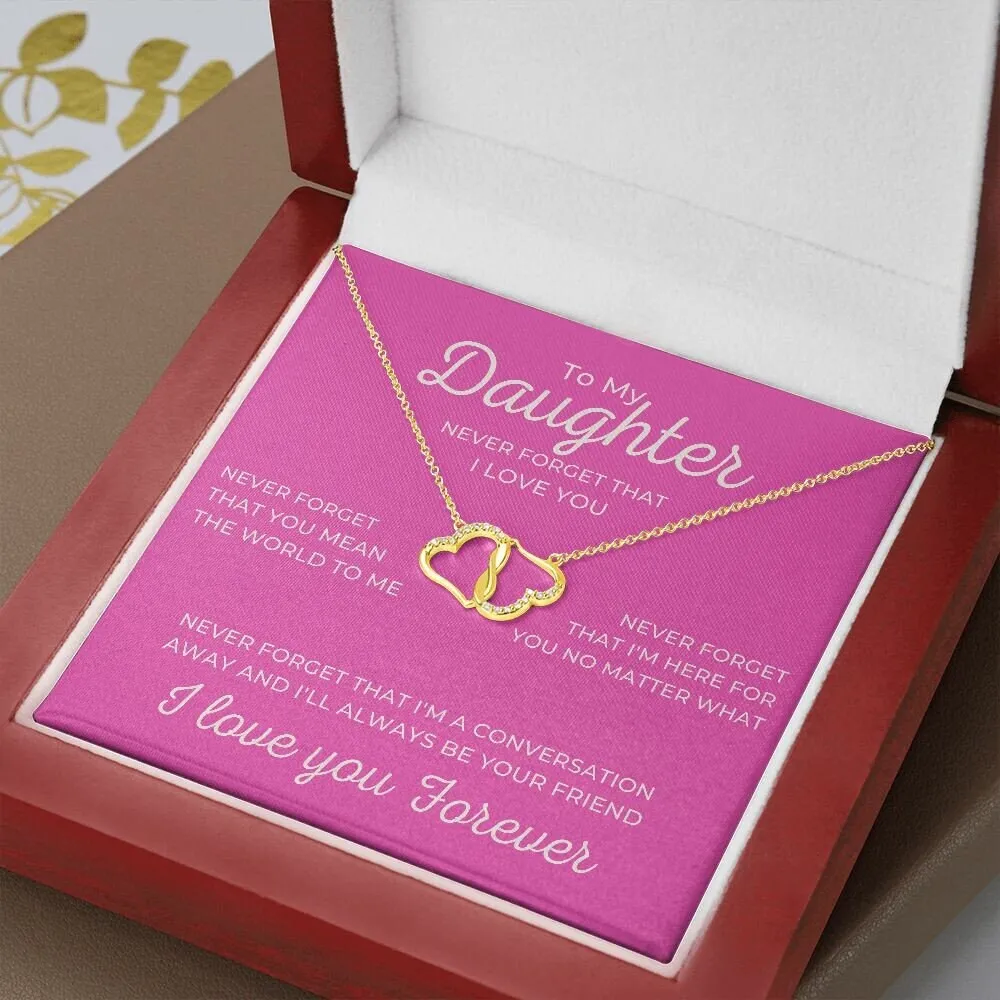To My Daughter Pink Card with Diamond and Gold Double Heart Everlasting Love Necklace