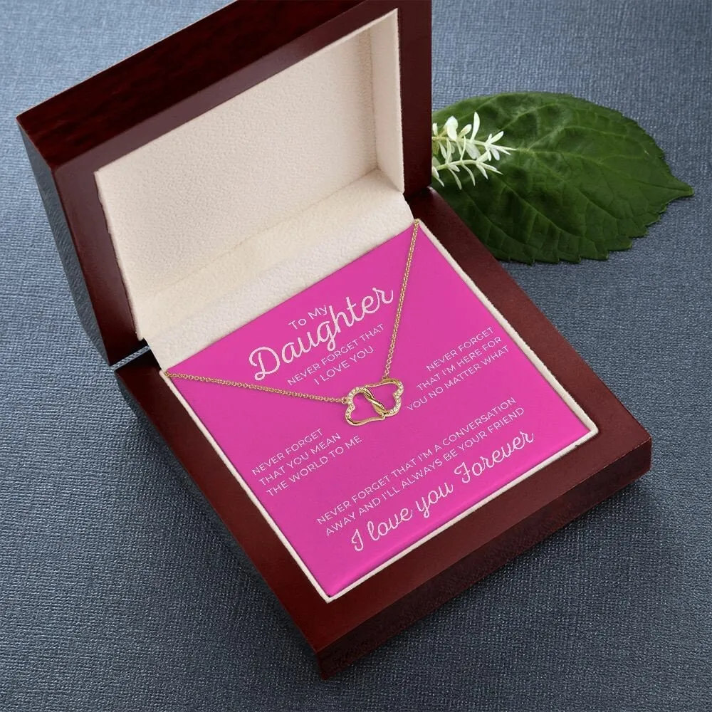 To My Daughter Pink Card with Diamond and Gold Double Heart Everlasting Love Necklace