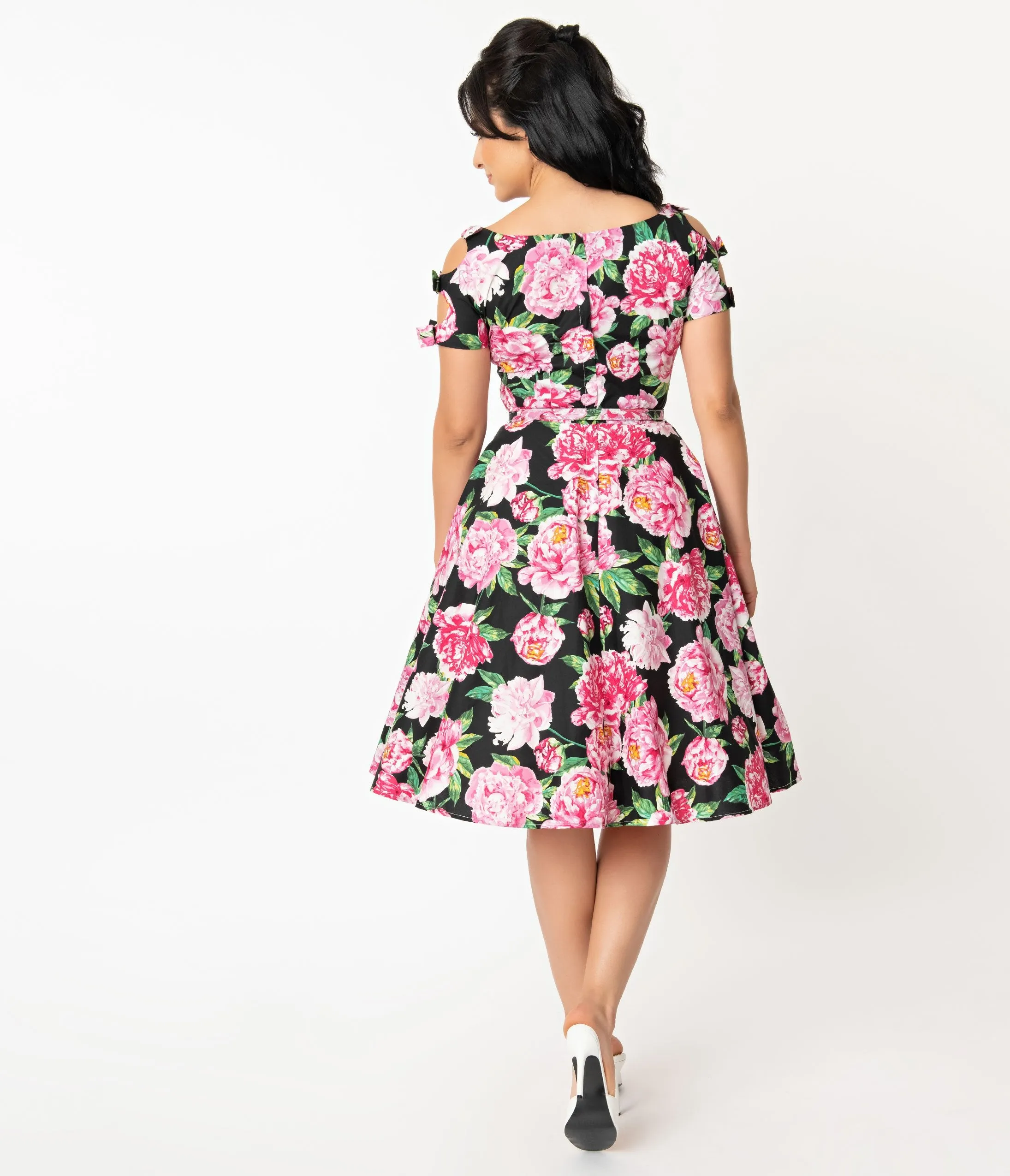 Unique Vintage 1950s Black & Pink Floral Bow Sleeve Selma Swing Dress