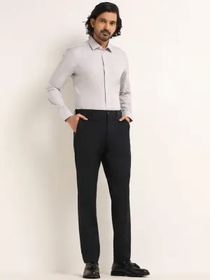 WES Formals Navy Self-Patterned Cotton Slim Fit Trousers