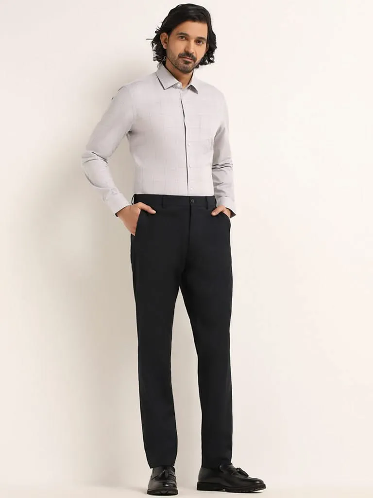 WES Formals Navy Self-Patterned Cotton Slim Fit Trousers